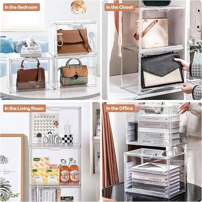 4 Packs Clear Handbag Storage Organizer for Closet, Acrylic Display Case for Purse Handbag, Stackable Purse Organizer Storage Box with Magnetic Door for Wallet Book Toys Collectibles