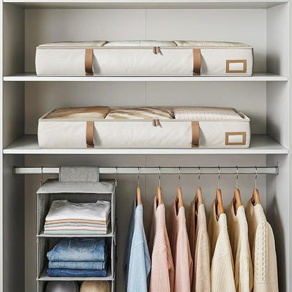 Vailando Under Bed Storage Containers, 6 Inches Tall 60L Underbed Storage Bins with Leather Handles and Sidewalls, Closet Organizer for Clothes, Blankets, Seasonal Items, Beige with Brown, 2-Pack