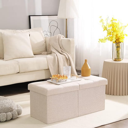 CUYOCA Storage Ottoman Bench Foldable Seat Footrest End of Bed Ottoman with Flipping Lid for Living Room, 75L, 30 inches Linen Fabric Beige