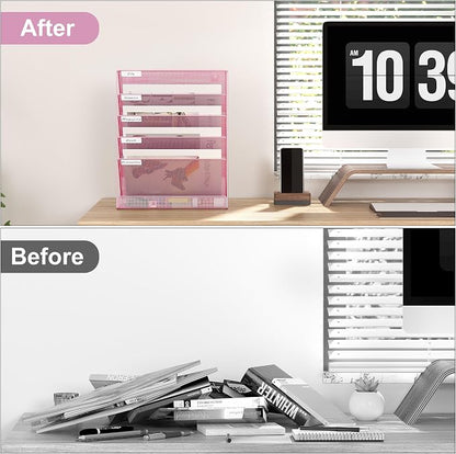 EasyPAG 5 Tier Wall File Holder, Mesh Hanging Folder Organizer with Classify Label, Versatile Desk File Holder, Vertical Wall Mounted Mail Organizer for Office Home Cubicle, Pink