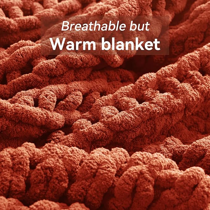 Negwoo Chunky Knit Throw Blanket, 80''*90'' Knitted Throw Chenille Yarn for Bed Couch, Handmade Orange Crochet Big Thick Blanket, Machine Washable Cute Comfy Blanket for Home Decor