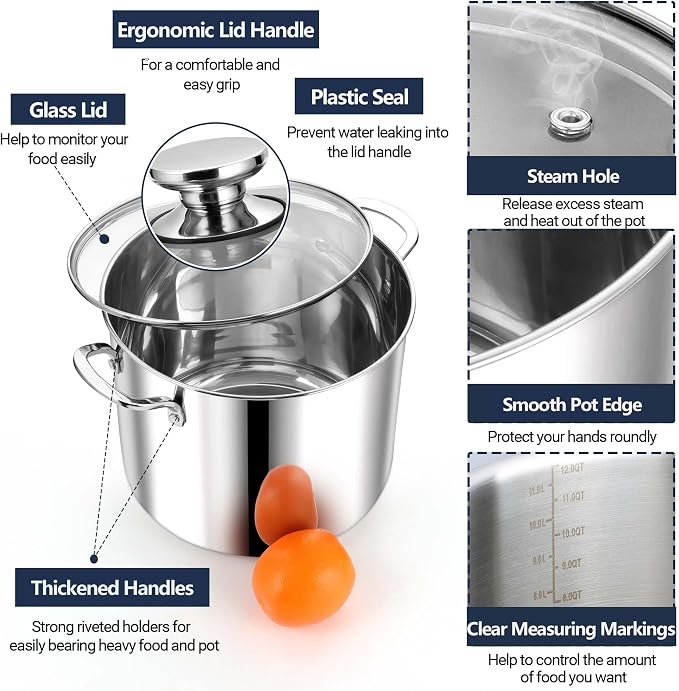 P&P CHEF 12 Quart Stainless Steel Stock Pot with Lid, Large Stockpot for Cooking Pasta Soup, Cookware for Induction Gas Electric Stoves, Visible Lid & Measuring Markings, Dishwasher Safe
