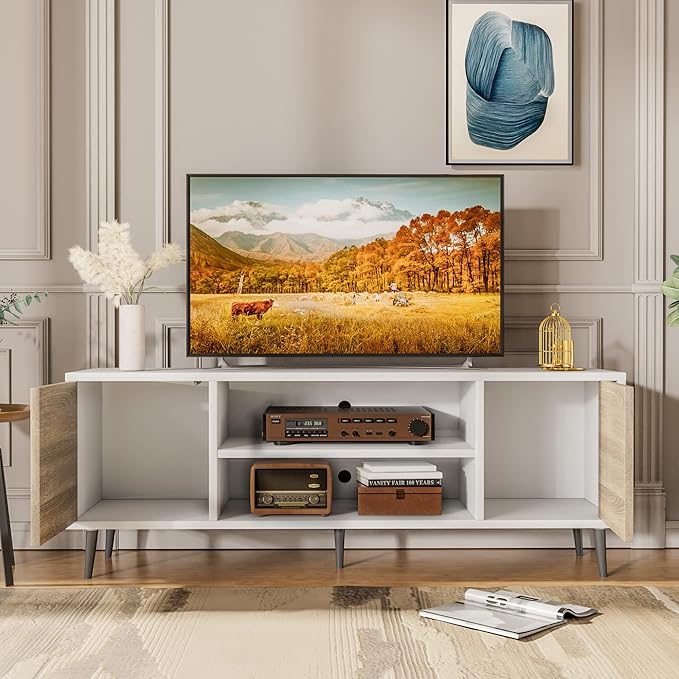 JUMMICO TV Stand for 65 Inch TV, Mid Century Modern TV Stand, Entertainment Center with Storage Cabinet and Open Shelves, TV Console Table Media Cabinet for Living Room, and Bedroom (Oak)