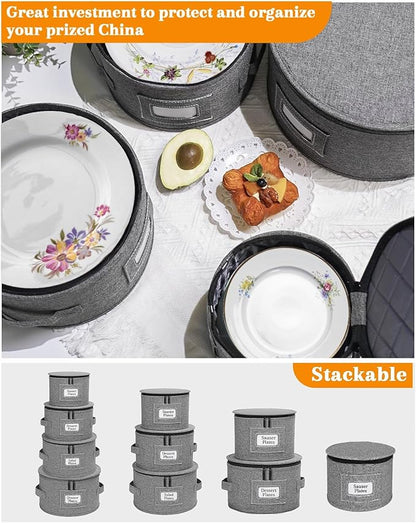 punemi China Storage Containers, Dish Storage w/Hard Shell Top Side Bottom Support & Felt Dividers for Charger Plates Dinnerware, Perfect for Moving Supplies, 4 set Stackable Fine China Storage, Gray
