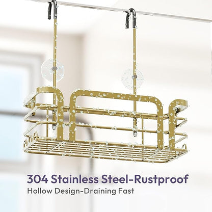 SWTYMIKI Shower Caddy Hanging Organizer - Over the Door Shower Caddy with 6 Hooks, 2 Installation Ways, Stainless Steel Rustproof Bathroom Organizer, Gold Small