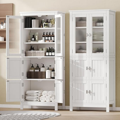 Akxomel 53.1" H Tall Bathroom Storage Cabinet, Bathroom Floor Cabinet with 6 Doors and Adjustable Shlef, Linen Cabinet, Pantry Cabinet for Living Room, Kitchen, Entryway, White