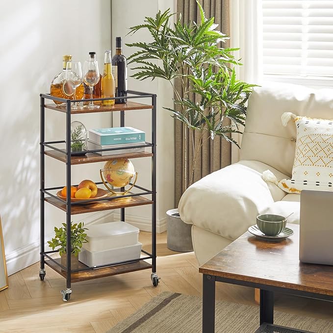 IBUYKE Industrial Bar Storage Cart, Mobile 4-Tier Shelf, Bedroom, Living Room & Bath Rustic Brown TMJ419H