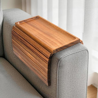 Acacia Wood Couch Armrest Table, Couch Arm Tray, Foldable Anti-Slip Wood Couch Tray, Sofa Cup Holder for Drink Snacks Remote Control