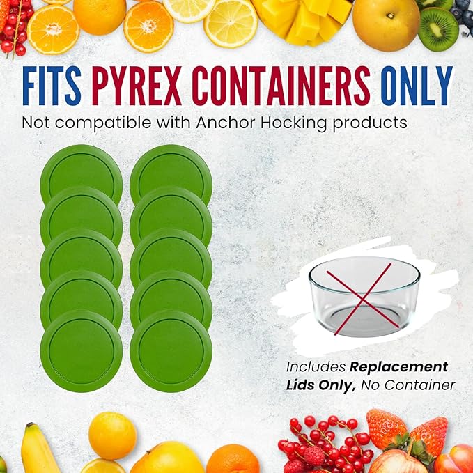 Replacement Lids fits Pyrex 4-Cup Glass Food Storage Container Bowls, 6-Inch Plastic Round Lids Covers for Pyrex 7201-PC, Airtight & Leakproof (10-Pack, Green)