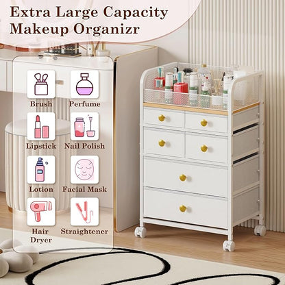 Rolling Makeup Cart Organizer with 6 Drawers, Makeup Storage with Wheels, Floor Skincare Organizers Vanity Storage Organizer Cosmetics Display Cases for Skin Care Perfume Nail Polish, White