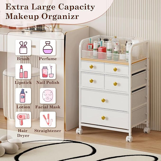 Rolling Makeup Cart Organizer with 6 Drawers, Makeup Storage with Wheels, Floor Skincare Organizers Vanity Storage Organizer Cosmetics Display Cases for Skin Care Perfume Nail Polish, White