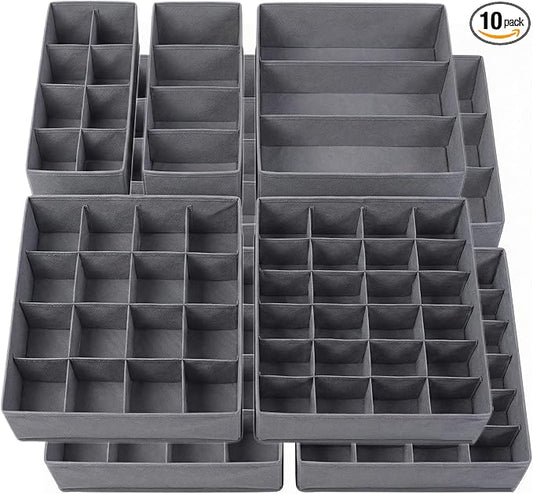 Lourome Underwear Organizer, 10 Set Foldable Fabric Underwear Drawer Organizer and Sock Organizer, Drawer Organizers for Clothing, Storage Bins for Underwear, Sock, Bra and Tie