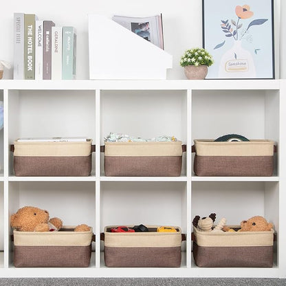 HNZIGE Foldable Fabric Storage Baskets for Shelves(6pack) Small Bins with Handles, Canvas Baskets for Gifts Empty With Handles for Closet Nursery Home Shelves Toy (Gold&Brown, 11.8" x 7.8" x 5.1")