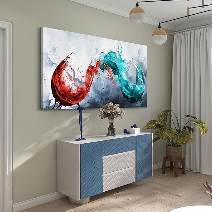 Pogusmavi Dining Room Wall Art - Blue & Red Wine Cups Canvas 30x60IN