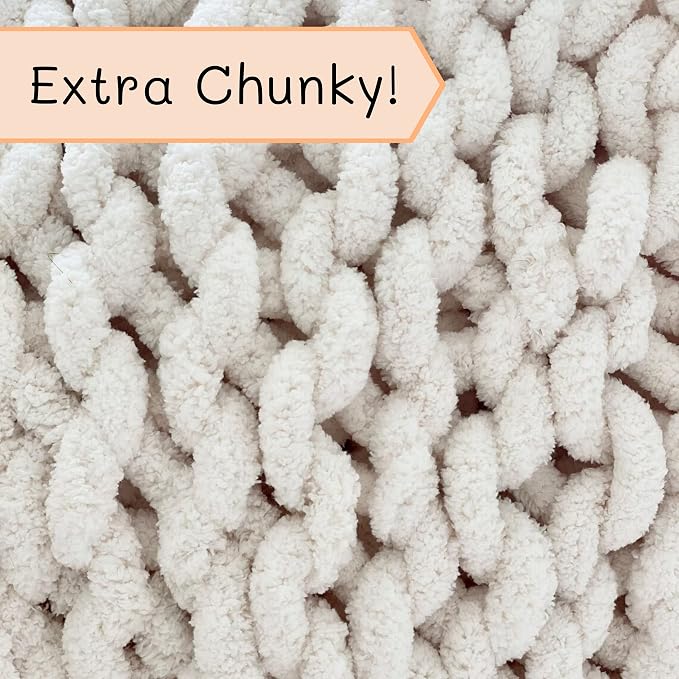 Adyrescia Chunky Knit Blanket Throw | 100% Hand Knit with Jumbo Chenille Yarn (50"x60", Cream White)
