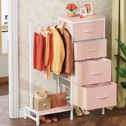 Dresser with Hanging Rack, 4 Drawers Small Closet for Bedroom, Reversible Fabric Kids Chest of Drawers with Clothes Rack, Tall Storage Tower, Sturdy Frame, Pink, 44''H