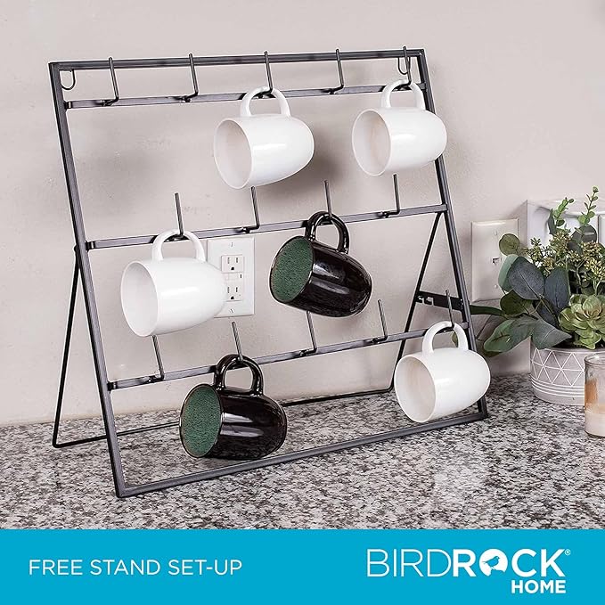 BIRDROCK HOME 14-Hook Mug Rack - Free Standing or Wall Mountable - Coffee Tea Cup Glass Storage Holder - Coffee Bar Display Décor - Decorative Kitchen Organizer - Flat Black Metal Steel