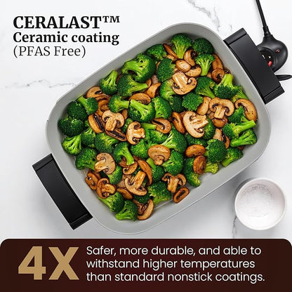 Elite Gourmet 15" x 12" x 3" Stow-Away Foldable Electric Skillet, Ceralast™ PFAS Free Ceramic, 1500W Rapid Heat, Dishwasher Safe Pan & Lid, Black/Grey