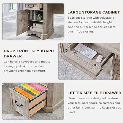 T4TREAM 59" Farmhouse Executive Desk with Hutch,Wood Home Office Computer Desk, Featuring Keyboard Tray,Charging Station,File Drawer, Storage Cabinet,for Work and Study (Light Rustic Oak)