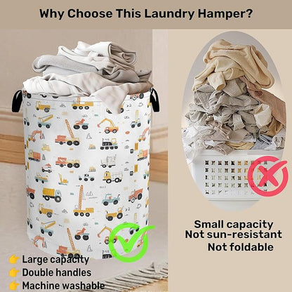 Cartoon Construction Vehicle Foldable Canvas Laundry Basket with Handles - Toy Organizer, Heavy Duty for Home，Bedroom, Dorm, Bathroom