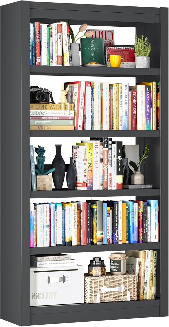5-Tier Metal Bookshelf, 61" Tall Black Bookcase with Adjustable Shelves, Heavy Duty Deep Book Shelves, Display Storage Shelving for Living Room, Home Office, Library, Bedroom
