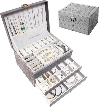 Jewelry Organizer Box, Large Jewelry Boxes for Women, 3-Layer Jewelry Holder Organizer for Necklace Earrings Rings Bracelets Storage, Gift for Her Mom