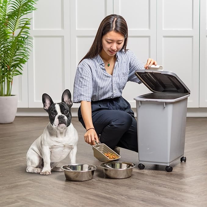 IRIS USA Dog Food Storage Container with Wheels, Airtight Lid, 2-Cup Scoop, Up to 30 Pounds Pet Food Storage, Built in Scoop Storage in Lid, Versatile Pet Food Bin, Portable, BPA Free, Gray/Dark Gray