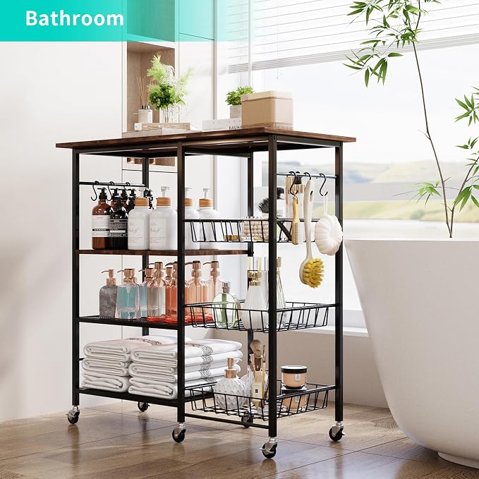 HapiRm Rolling Kitchen Microwave Cart - 4 Tier Microwave Table Stand with Pull-Out Baskets, Coffee Bar Baker's Rack with Wheels Rolling Storage Cart Organizer Shelf for Living Room Office, Balcony