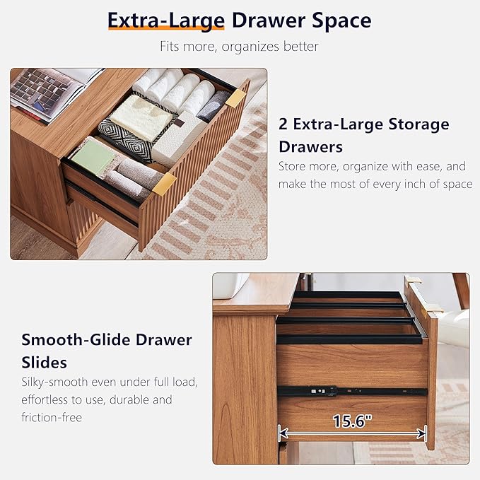 2 Drawer File Cabinet With Charging Station, 30" Fluted Lateral File Cabinet w/Files Hanging Rod for Letter/Legal/A4, Large Tabletop for Printer, Office Wood Printer Cabinets, Dark Chestnut Wood