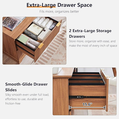 2 Drawer File Cabinet With Charging Station, 30" Fluted Lateral File Cabinet w/Files Hanging Rod for Letter/Legal/A4, Large Tabletop for Printer, Office Wood Printer Cabinets, Dark Chestnut Wood