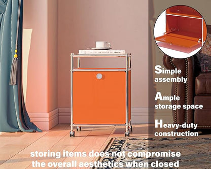 Simplink Elegant Matte Storage Cart with 22.8" Height - Perfect Side Table, Night Stand - Large Capacity with Flap Door, Detachable Wheels - Ideal for Home, Office, Bedroom, Kitchen (Orange)