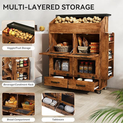 Verano Garden Large Potato and Onion Storage Bin on Wheels, Wood Bread Box w/Lid & Mesh Doors, 4-Tier Rolling Fruit and Vegetable Storage Organizer w/Grocery Section & Side Rack