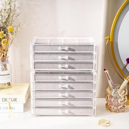 ProCase Earring Holder Organizer Jewelry Box with 8 Drawers, Acrylic Clear Earring Case with Adjustable Velvet Trays for Women - Grey, 8 Layers