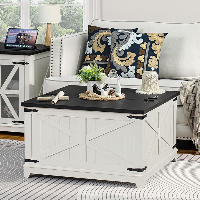 Farmhouse Coffee Table Sets 3 Pieces, Large End Side Tables with Charging Station and Coffee Table with Hidden Storage Compartment, White Living Room Table Set, Wood Furniture Sets for Home Office