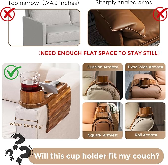 Couch Cup Holder for Armrests Over 4.9" Wide, Acacia Wood Couch Arm Tray with 360° Rotating Cup Holder, 3 in 1 Foldable Sofa Arm Tray Table for Remote, Snacks, Phone, Drinks