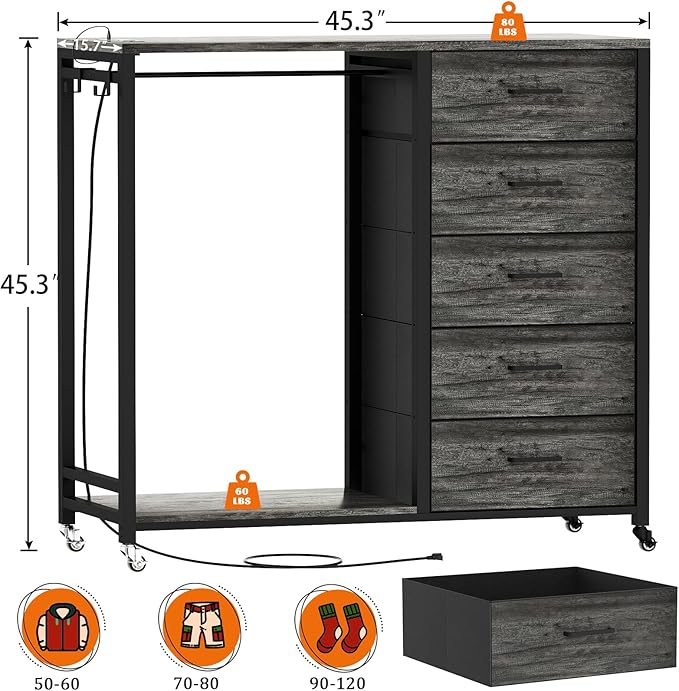 Cyclysio Dresser with Hanging Rack, 5 Fabric Drawers Dresser with Clothes Rack, Wooden Top Storage Chest of Drawers with Charging Station & LED Lights, Lockable Wheels, Closet