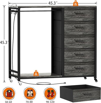 Cyclysio Dresser with Hanging Rack, 5 Fabric Drawers Dresser with Clothes Rack, Wooden Top Storage Chest of Drawers with Charging Station & LED Lights, Lockable Wheels, Closet