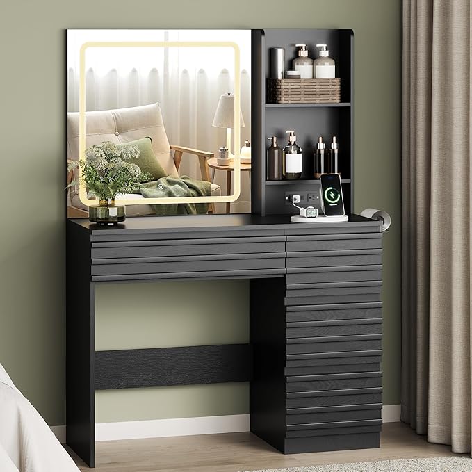 Makeup Vanity Desk with Lights, Fluted Vanity with 4 Drawers, Open Shelves, Power Outlet, LED Lighted Mirror, 3 Lighting Modes & Brightness Adjustable, Wood Dressing Table for Bedroom, Black
