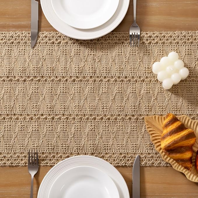 Socomi Boho Table Runner Valentine's Day Farmhouse Burlap Jute Bamboo Rustic Dining Kitchen Centerpiece Decor Long Macrame Woven Coffee Table Runner for Dresser Scarf Home Decor 12x108 inch