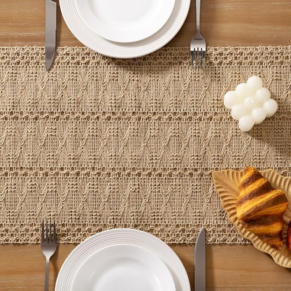 Socomi Boho Table Runner Valentine's Day Farmhouse Burlap Jute Bamboo Rustic Dining Kitchen Centerpiece Decor Small Macrame Woven Coffee Table Runner for Dresser Scarf Home Decor 12x72 inch