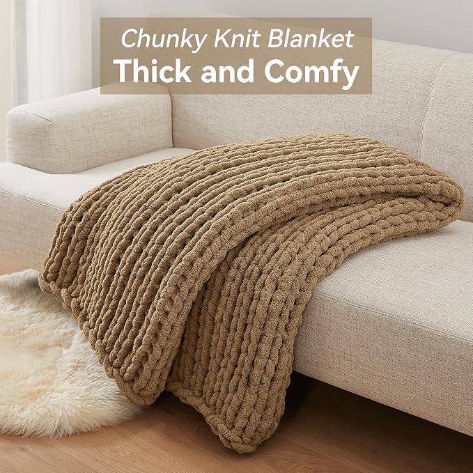 Negwoo Chunky Knit Throw Blanket, 40''*50'' Knitted Throw Chenille Yarn for Bed Couch, Handmade Light Brown Crochet Big Thick Blanket, Machine Washable Cute Comfy Blanket for Home Decor