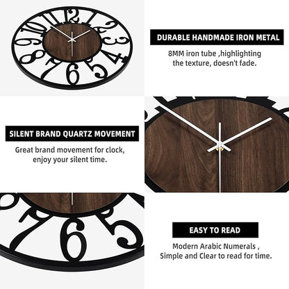 LEIKE Large LED Wall Clocks,Silent,Non Ticking,Battery Operated Rustic Round Modern Big Wood Wall Clock for Living Room, Bedroom,Kitchen,Farmhouse,Office,Home Decor -20" Black,LED,Arabic Number
