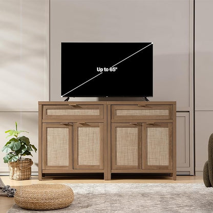 SICOTAS Sideboard Buffet Cabinet Set of 2, Rattan Credenza Storage Cabinet, Boho Buffet Table Console Cabinets with Drawer, Farmhouse Coffee Bar for Entryway Living Room, Natural Oak