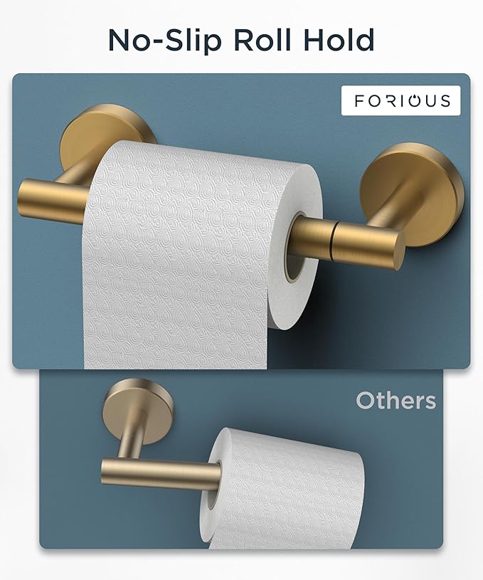 FORIOUS Toilet Paper Holder Wall Mount, Stainless Steel Rustproof Double Post Pivoting Tissue Roll Holder for Bathroom, Commercial Toilet Paper Dispenser, Brushed Gold