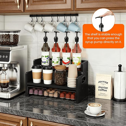 Homode Coffee Syrup Organizer Rack, 3-Tier Syrup Holder Stand with 35 K Cup Storage Drawer, 8 Bottles Capacity, Wood Shelf Liquor Wine Rack for Coffee Bar Countertop, Black