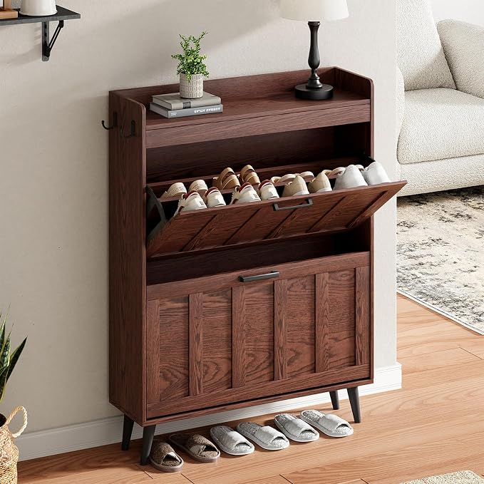 ChooChoo Shoe Storage Cabinet with 2 Flip Drawers, Farmhouse Shoe Organizer Storage for Entryway, Freestanding Hidden Slim Narrow Shoe Rack Cabinet, Walnut