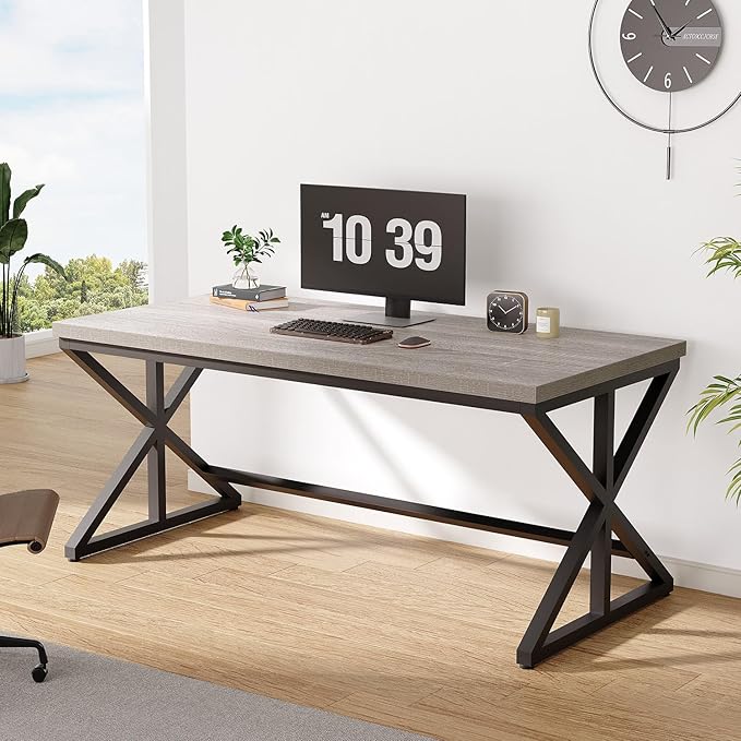 IBF 60” Grey Computer Office Desk, Modern Large Gray Office Desk for Home, Industrial Long Wood Metal Pc Work Writing Desks, Farmhouse Simple Study Executive Computer Table with Storage, Light Grey