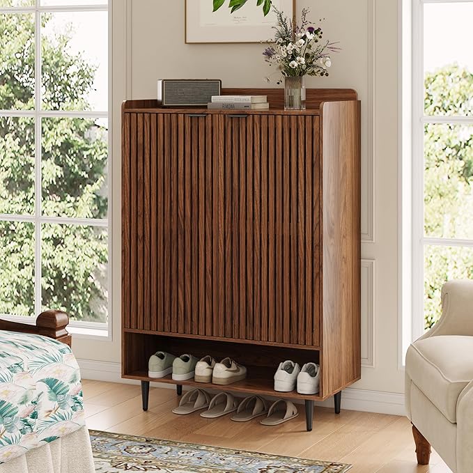 7-Tier Shoe Cabinet with Doors, 21 Pairs Entryway Storage Cabinet, Wooden Shoe Organizer with Adjustable Shelves, Farmhouse Free Standing Shoe Cabinet for Hallway, Living Room (Walnut Brown)