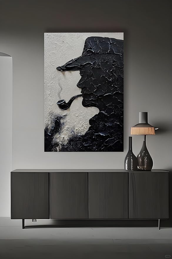 moshinart 24 x 36in Hand-Painted Oil Painting 3D Texture Black White Grey Modern Minimalist Black Abstract Wall Art, Home Office Wall Decoration Black White Grey Cowboy