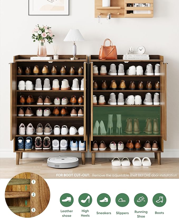 Large 6-Tier Shoe Storage Cabinet with Fluted 2 Doors, 44" Tall Freestanding Entryway Shoe Cabinet with Adjustable Shelves,(Walnut
